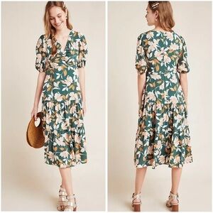 Gal Meets Glam Cottagecore Milkmaid Peasant Floral Tiered Tegan Midi Dress 6P